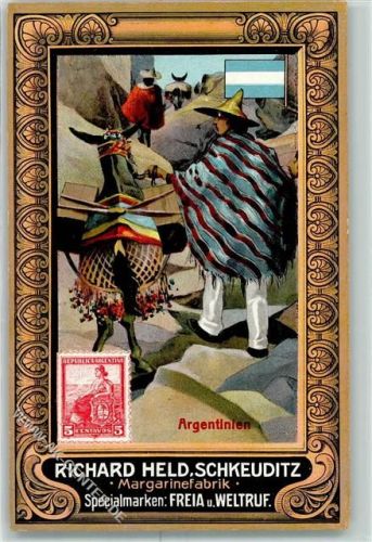 Schkeuditz Margarinefabrik Richard Held Serie Briefträger aus Argentinien Briefmarke und Fahne Schmuckrahmen AK