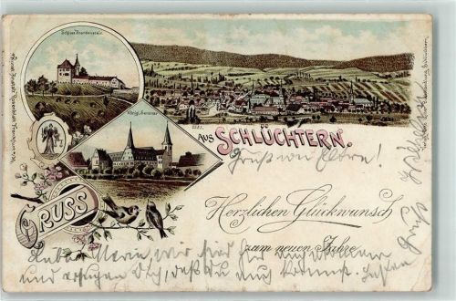 Schlüchtern 1899 Schloß Brandenstein Kgl. Seminar Spatzen Justizia Lithographie