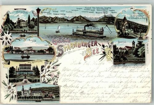 82327 W8132 Tutzing 1898 Lithographie Starnberger See Schloß Berg Leoni Hotel Rottmann'shöhe Bernried