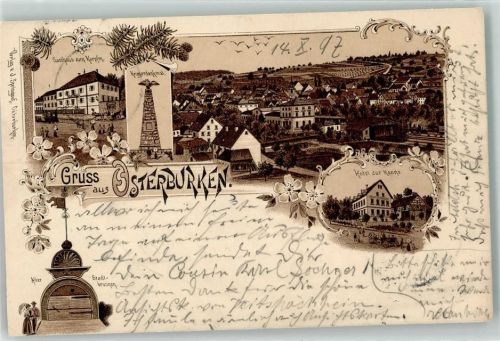 74706 W6960 Osterburken 1897 Lithographie Gasthaus Zum Karpfen Kriegerdenkmal Alter Stadtbrunnen Hotel Zur Kanne