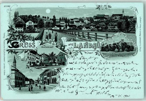 Landau 1900 Sebastinibrunnen Spitalplatz Schloß Wildthurn Isarbrücke