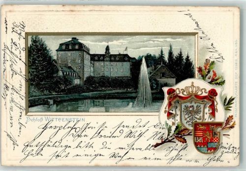 Bad Laasphe 1907 Schloss Wittgenstein Springbrunnen Wappen Krone Adler Löwe Rot Gold Weiß Blatt