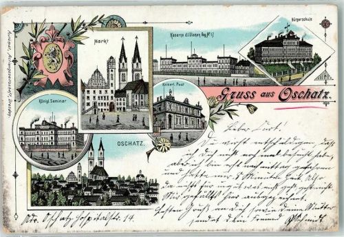 Oschatz 1898 Kgl. Seminat Kaiserl. Post Bürgerschule Kaserne d. 1. Ulanen Reg. Nr. 17