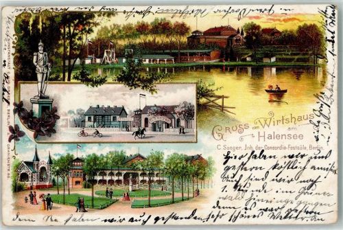 Halensee 1900 Gasthaus am Halensee Gartenwirtschaft C. Saeger Denkmal Park