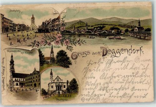 Deggendorf 1902 Stadtplatz Gnadenkirche Kloster Geyersberg-Kirche Litho