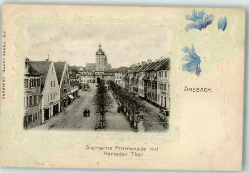 Ansbach Steinerne Promenade mit Herieder Tor Blumen Jugendstil Passepartout