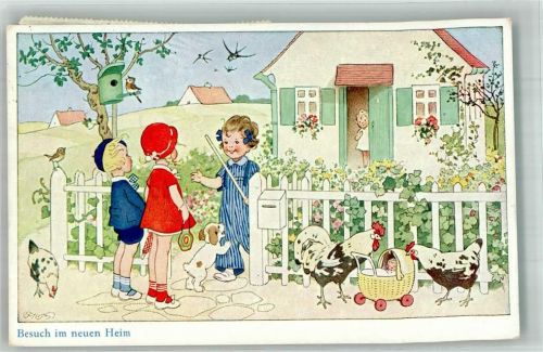 Kinder Besuch im neuen Heim , Hühner Puppenwagen Hund Vogelkasten Verlag Oppel & Hess 1507/2 Baumgarten, Fritz 1935 Künstlerkarte