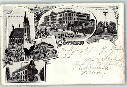 06366 O4370 Köthen , Anh 1897 Lithographie St. Jacobs Kirche Landes Seminar Kriegerdenkmal Töchterschule Postamt Kutsche