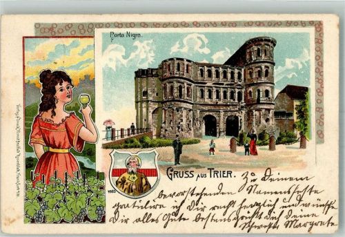 Trier 1901 Lithographie Junge Frau Weintrauben Porta Nigra Wappen