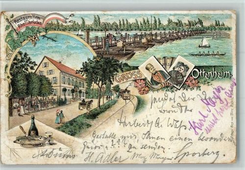 Ottenheim 1898 Gruss aus - Rheinbrücke, Restaurant AK fleckig