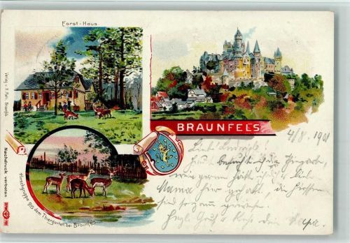 Braunfels 1901 Gruss aus - Forsthaus , Schloss - Bahnpost Coblenz-Giessen Zug 441 5.8.01 AK