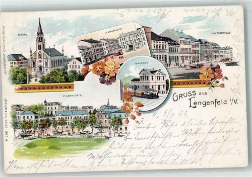 Lengenfeld 1899 Kirche Marktplatz Hauptstraße Bahnhof Villenviertel Eisenbahn Lok Dampf Blumen Kutsche Gruss Bahnpost Zwickau Zug Nr.215