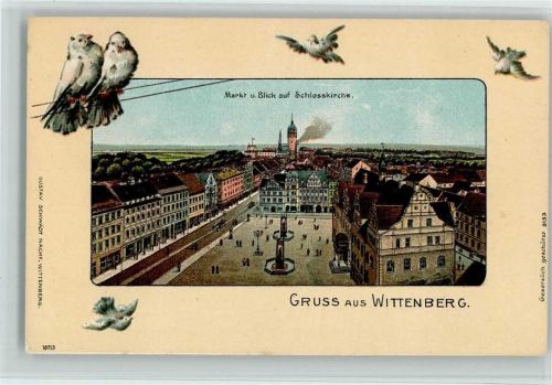 06886 O4600 Lutherstadt Wittenberg Lithographie / Prägedruck Passepartout Markt Blick auf Schlosskirche