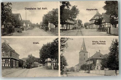 Diersheim Bahnpost KehlZug 7.4.28 Straße Eisenbahn Kirche Schule Pfarrhaus