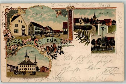 Kölleda 1904 Rathaus Marktplatz Johanniskirche Kriegerdenkmal