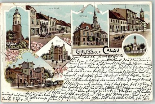 Calau 1898 Kirchturm Markt Rathaus Cottbuserstraße Post Bahnhof Kriegerdenkmal Gruss Blumen Lok Dampf Kutsche Lithographie