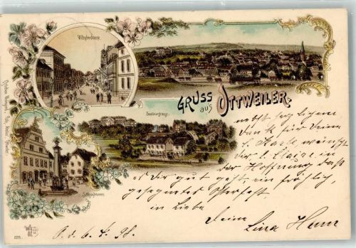 66564 W6682 Ottweiler 1898 Lithographie Wilhelmstraße Seminarstraße Schlossbrunnen