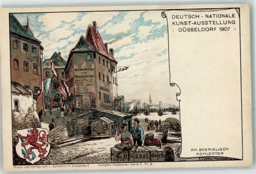 W4000 Düsseldorf Deutsch-Nationale Kunst-Ausstellung 1907 Am ehem. Kohlentor Gasthaus Zum Drachenfels Wappen sign F. v. Wille Künstler-Postkarte Serie K Nr 5 Kunstgeschichte Düsseldorf