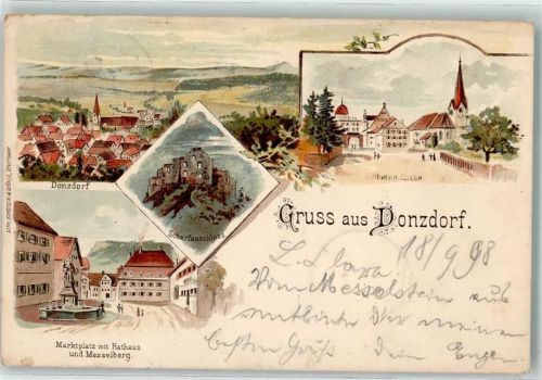 73072 W7322 Donzdorf Lithographie Marktplatz Rathaus Messelberg Scharfenschloß Kirche