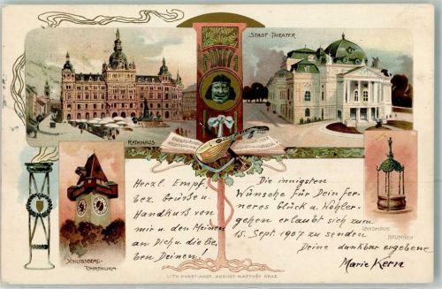 Graz 1907 6. deutsches Sängerbundesfest Rathaus Stadt Theater Landhaus Brunnen Schlossberg Uhrturm Musikinstrumente