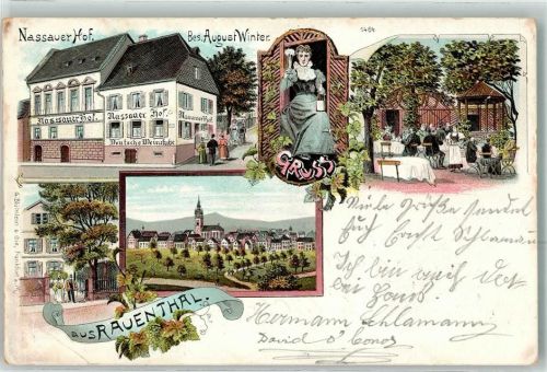 65343 W6228 Rauenthal , Rheingau 1899 Gebrauchsspuren Gasthaus Nassauer Hof Lithographie