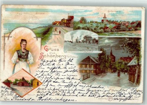 Schönberg 1898 Volkstracht Bahnhof Gehöft Strand Kirche Bahnpost Kiel-Schönberg