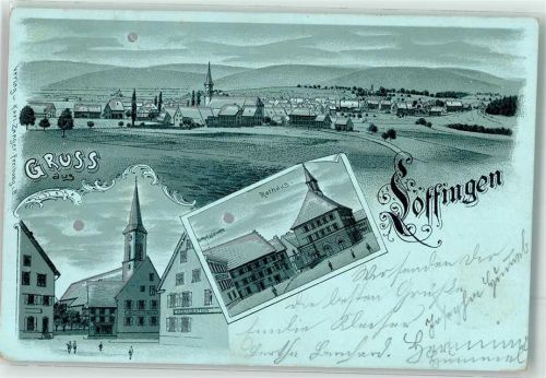 79843 W7827 Löffingen 1904 Lithographie / Mondschein Rathaus Gasthaus Zum Löwen Kirche