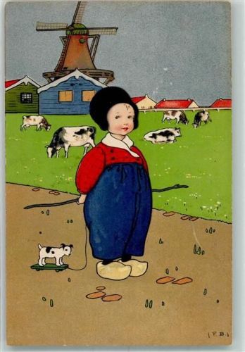 1917 Holländischer Junge in Tracht vor einer Windmühle und weidenden Kühen Verlag Meissner & Buch Serie 2269