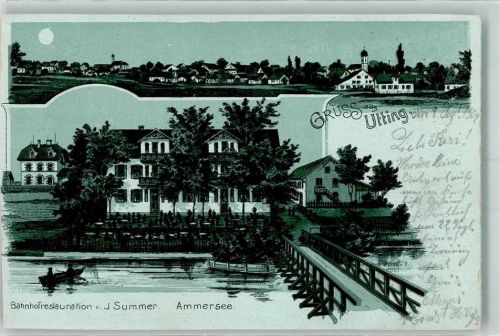 Utting Bahnofsgasthaus Gartenwirtschaft Lithographie-Mondschein beschnitten
