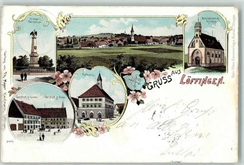 79843 W7827 Löffingen 1898 Lithographie Schneekreuz-Kirche Rathaus Kriegerdenkmal Gasthaus zum Löwen