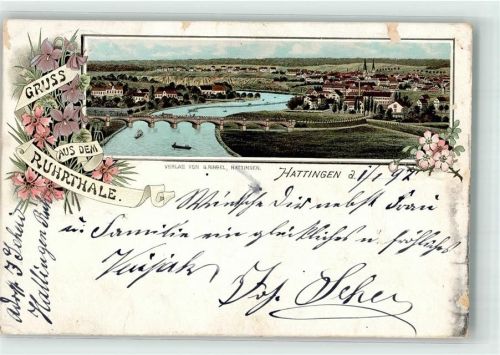 45525 W4320 Hattingen , Ruhr 1897 Lithographie Ruhrbrücke