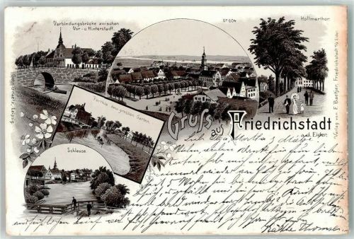 25840 W2254 Friedrichstadt , Eider 1897 Lithographie Verbindungsstück zwischen Vor- und Hinter-Stadt Hollmertor Schleuse Großer Garten