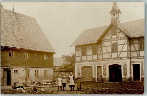 04769 O7263 Mügeln b Oschatz Foto AK Bauernhof Hühner Bauernfamilie Fahrrad Ort handschriftlich