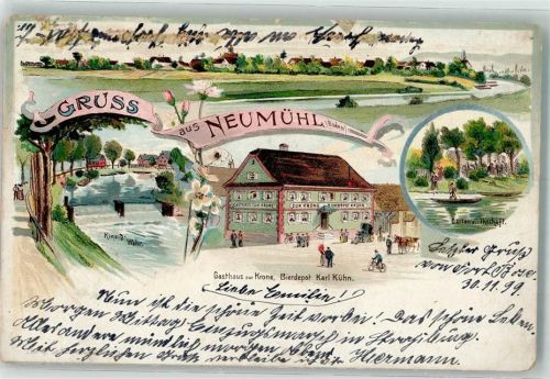 Neumühl 1899 Lithographie Kinzig-Wehr Gasthaus zur Krone Kinzig
