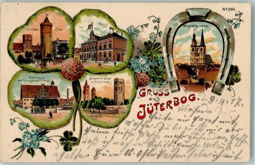 Jüterbog 1917 WK I Zinnaer-Tor Nicolai-Kirche Rathaus Post Hufeisen Kleeblatt