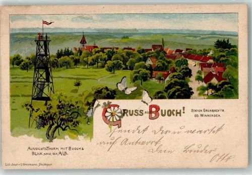 Buoch 1905 Aussichtsturm Kirche Schmetterling Fahne Schwarz-Weiß-Rot Alb Gruss