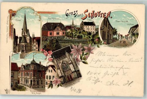Schotten 1899 Oberförsterei Buchdruckerei Engel Schloß Obere Vorstadt Bahnpost Nidda-Schotten Zg. 1088
