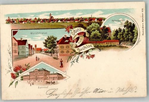 86807 W8938 Buchloe 1901 Lithographie Bahnhof Marktstraße Gasthaus Kellergarten