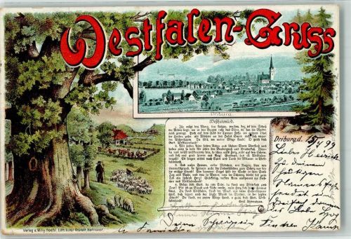 33014 W3490 Alhausen , Westf 1899 Lithographie Westfalen-Lied Virsburg Schäfer Schafherde