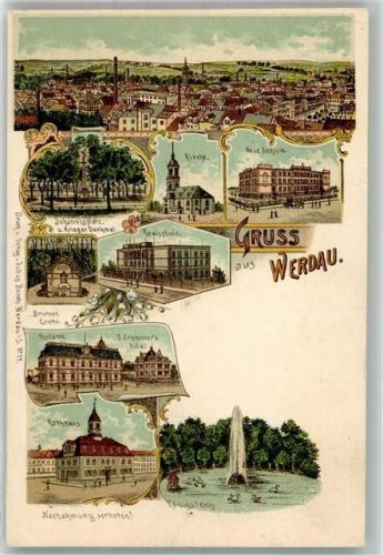 Werdau Lithographie Realschule Rathaus Königsteich Johannisplatz