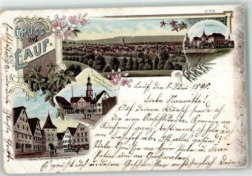 Lauf 1898 Oberes Tor Kriegerdenkmal Schloß Unteres Tor Stadtkirchenturm Lithographie