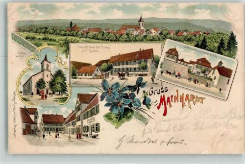 Mainhardt 1903 Ev. Kirche Marktplatz Schlösschen mit Kath. Kirche Lithographie