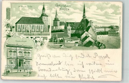 14641 O1550 Nauen , Havelland 1907 Lithographie St. Jacobi Kirche Landratsamt