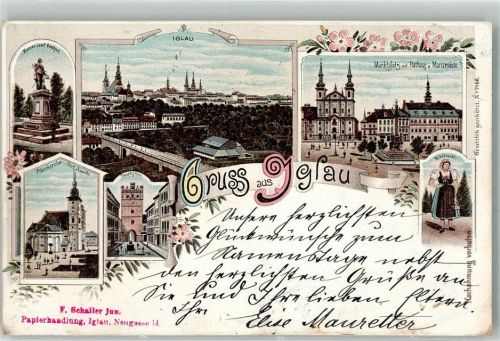 Jihlava Iglau Lithographie Kaiser Josef Denkmal Marktplatz Rathaus Mariensäule Frauentor