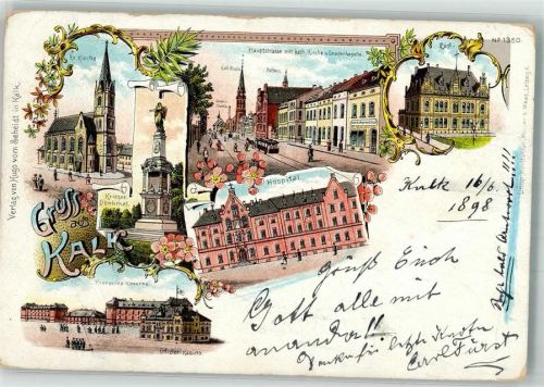 Köln Kalk 802 1898 Lithographie Kriegerdenkmal Kronprinz-Kaserne Pferdestraßenbahn
