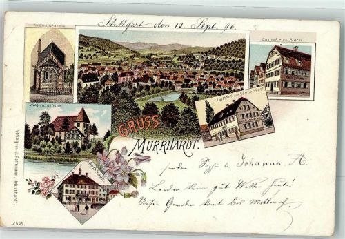 71540 W7157 Murrhardt 1896 Lithographie Walderichskirche Rathaus Gasthaus Sonne-Post Gasthaus zum Stern