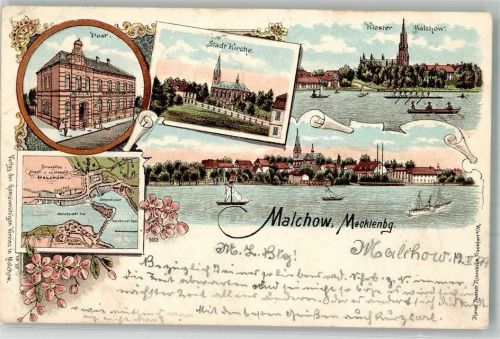 Malchow 1899 Lithographie Post Kloster Stadt-Kirche