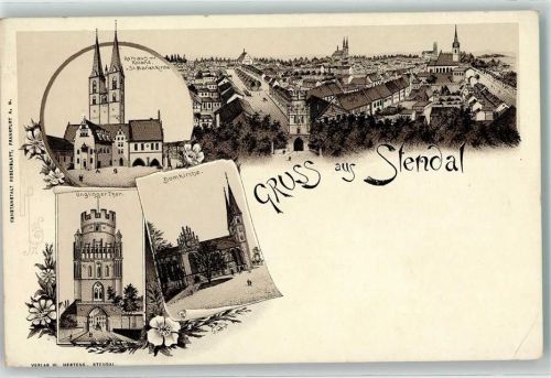 39576 O3500 Stendal Lithographie Vorläufer Rathaus St. Marienkirche Unglinger Tor Domkirche