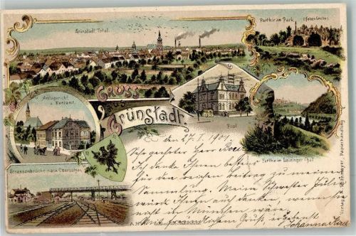 67269 W6718 Grünstadt 1901 Lithographie Post Amtsgericht Rentamt Felsengrotte Bahnhofgelände Stadtwappen