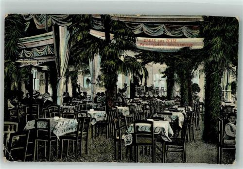 06712 O4900 Zeitz , Elster 1908 Foto AK Gasthaus Schützenhaus Palmengarten Gastraum Palmen